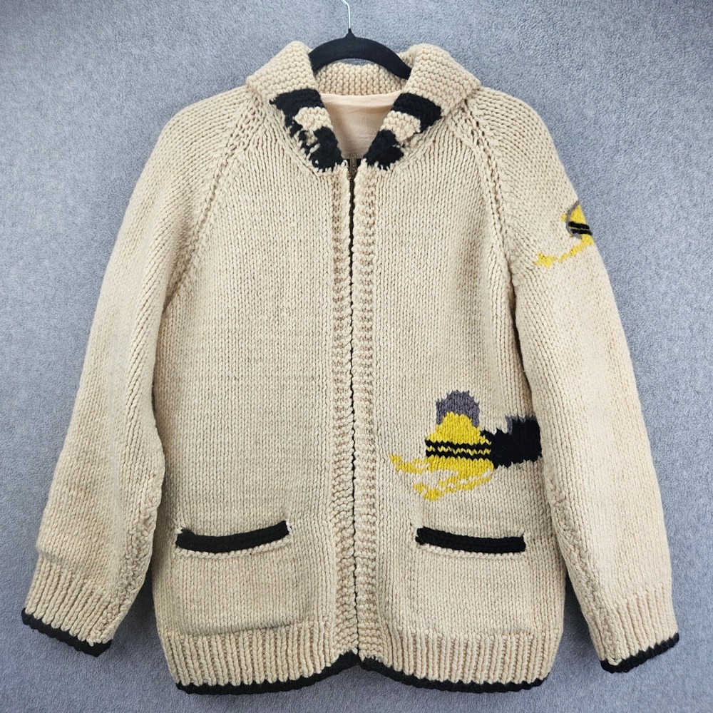 Mary Maxim 1950s Cowichan Sweater S Cream Snowmobile Knit Full Zip Vintage